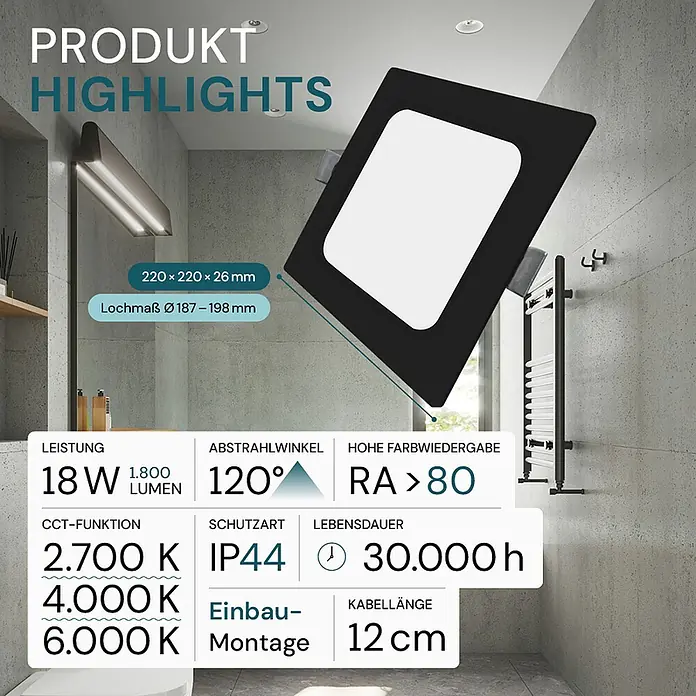 Luxula LED-Einbauleuchte 18W IP44-Geschützt 1800lm Lichtfarbe Einstellbar -  - Schwarze quadratische LED-Einbauleuchte, 220x220x26mm, IP44. Technische Daten werden angezeigt.