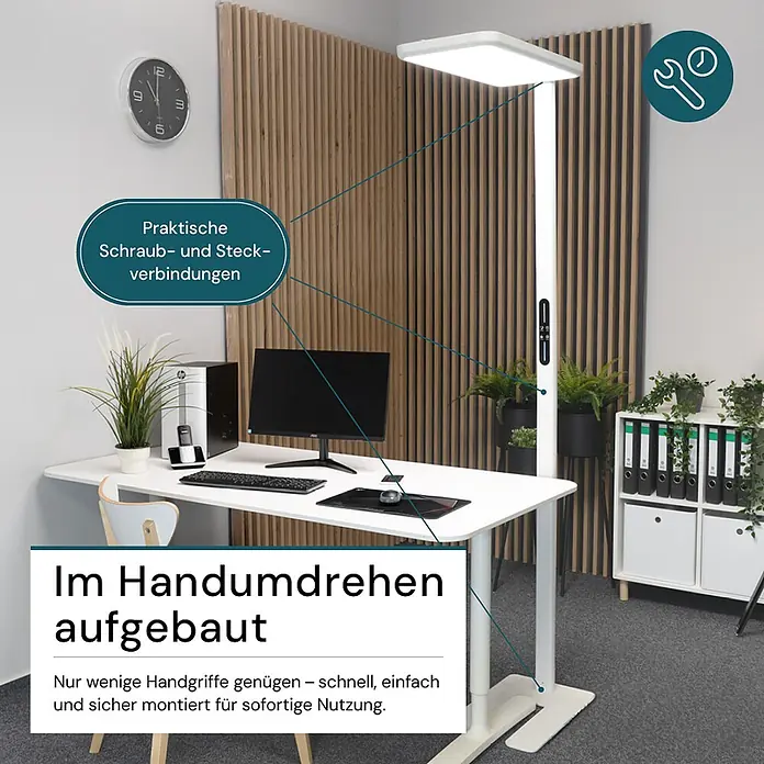 Luxula LED-Stehleuchte Stehlampe Up/Down Bürolampe Weiß 100W 7000LM 4000K -  - Moderne weiße LED-Stehleuchte, einfach montierbar, beleuchtet einen Bürobereich.