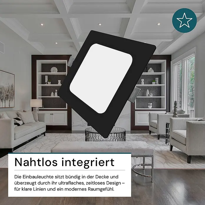 Luxula LED-Einbauleuchte 18W IP44-Geschützt 1800lm Lichtfarbe Einstellbar -  - Schwarze quadratische LED-Einbauleuchte mit weißem Diffusor, ultraflaches Design für nahtlose Deckenintegration.
