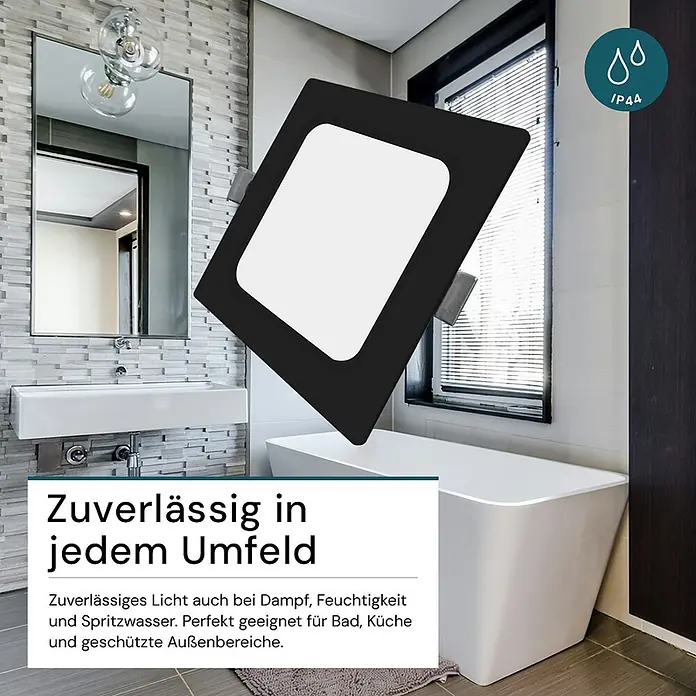 Luxula LED-Einbauleuchte 18W IP44-Geschützt 1800lm Lichtfarbe Einstellbar -  - Schwarzes quadratisches LED-Panel für Bäder und Feuchträume. IP44 für Dampf und Spritzwasser.