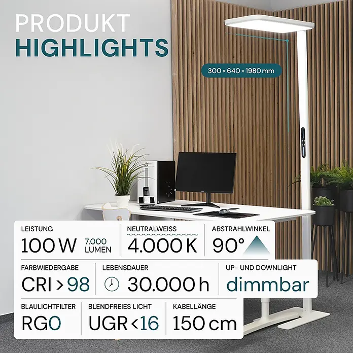 Luxula LED-Stehleuchte Stehlampe Up/Down Bürolampe Weiß 100W 7000LM 4000K -  - Weiße Stehleuchte (1980 mm) mit rechteckigem Kopf im Büroambiente. Sie bietet 100W, 7.000 Lumen und ist dimmbar.