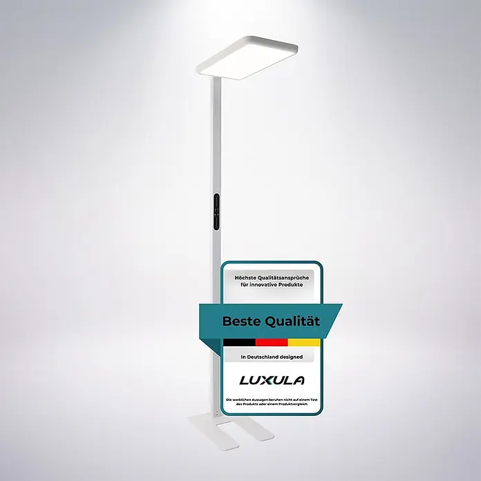 Luxula LED-Stehleuchte Stehlampe Up/Down Bürolampe Weiß 100W 7000LM 4000K -  - Weiße LED-Stehleuchte mit rechteckigem Kopf, Bedienfeld am Ständer und angebrachtem Produktlabel.