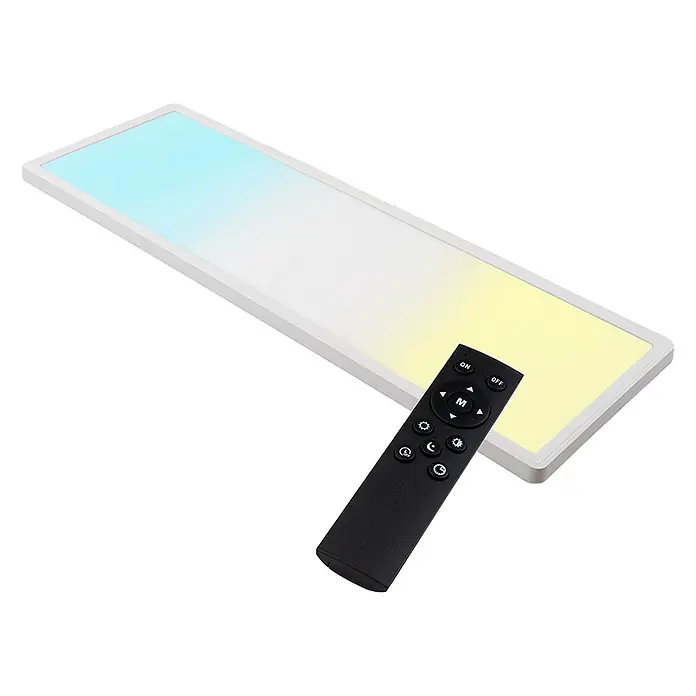Luxula LED-Deckenleuchte - 24 W, Weiß, Mehrfarbig - Rechteckiges LED-Lichtpaneel mit blau-gelbem Farbverlauf und schwarzer Fernbedienung.
