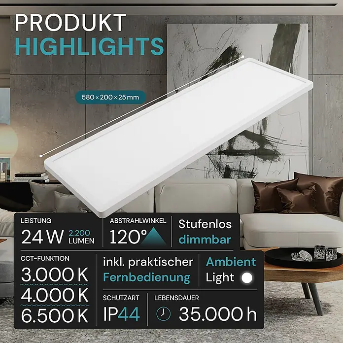 Luxula LED-Deckenleuchte - 24 W, Weiß, Mehrfarbig - Ein rechteckiges weißes LED-Panel mit hervorgehobenen Merkmalen in einem modernen Wohnzimmer.
