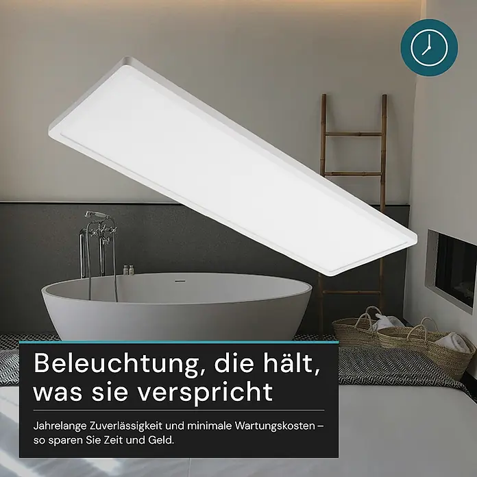 Luxula LED-Deckenleuchte - 24 W, Weiß, Mehrfarbig - Weißes, rechteckiges LED-Panel beleuchtet ein modernes Badezimmer über einer Badewanne.