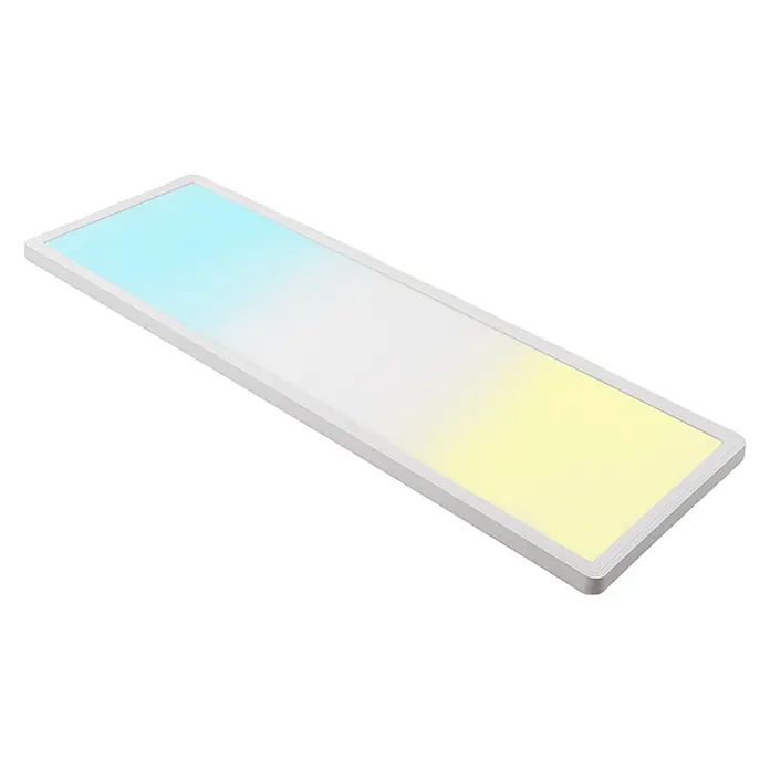 Luxula LED-Deckenleuchte - 24 W, Weiß, Mehrfarbig - Rechteckige LED-Panel-Leuchte mit weißem Rahmen, die einen Farbverlauf von Blau über Weiß zu warmem Gelb zeigt.