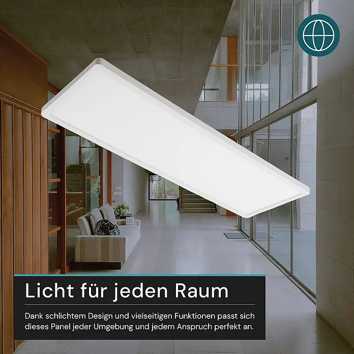 Luxula LED-Deckenleuchte - 24 W, Weiß, Mehrfarbig - Weißes rechteckiges LED-Panel, das einen modernen Innenraum beleuchtet. Das schlanke Design passt in jeden Raum.