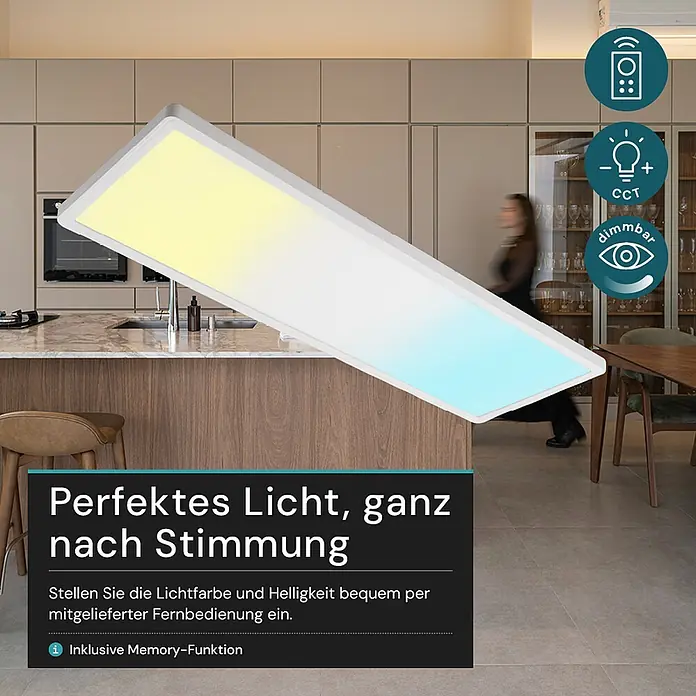 Luxula LED-Deckenleuchte - 24 W, Weiß, Mehrfarbig - Rechteckige LED-Deckenleuchte mit warm-kaltem Lichtverlauf in moderner Küche, deutet auf einstellbare Farbe und Helligkeit hin.