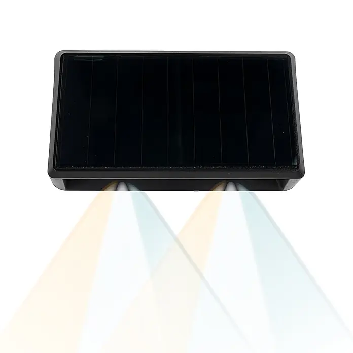 Luxula Solar-Außenwandleuchte - Schwarz, IP54 - Schwarze Solarleuchte mit rechteckigem Panel, die warmes oranges und kühles blaues Licht ausstrahlt.