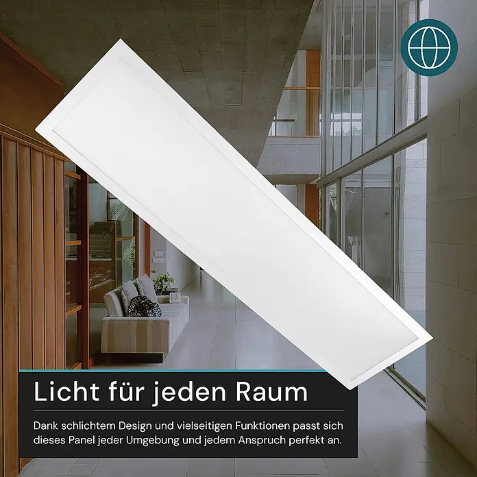 Luxula LED-Deckenleuchte - 40 W, Weiß, Mehrfarbig - Ein großes, rechteckiges weißes LED-Lichtpanel, schräg über einem modernen, hellen Interieur, das seine vielseitige Nutzung zeigt.