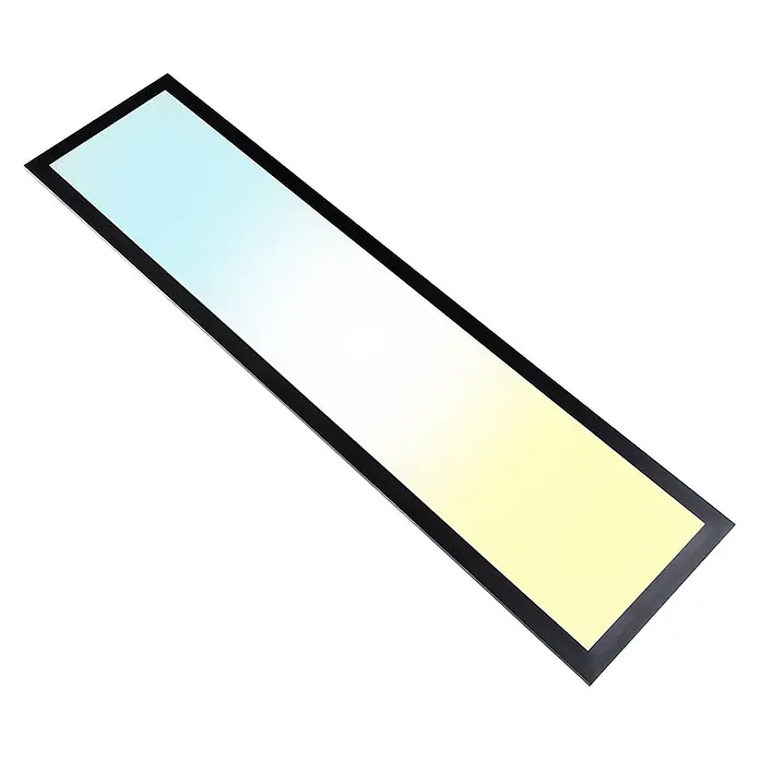 Luxula LED-Deckenleuchte - 40 W, Schwarz, Mehrfarbig - Lineares Lichtpaneel mit schwarzem Rahmen und Farbverlauf von Hellblau über Weiß zu Hellgelb.