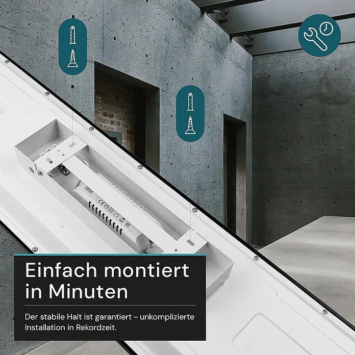 Luxula LED-Deckenleuchte - 40 W, Schwarz, Mehrfarbig - Weiße rechteckige LED-Leuchte zeigt interne Montagehalterung und Anschlüsse, veranschaulicht einfache Installation mit Schrauben und Dübeln.