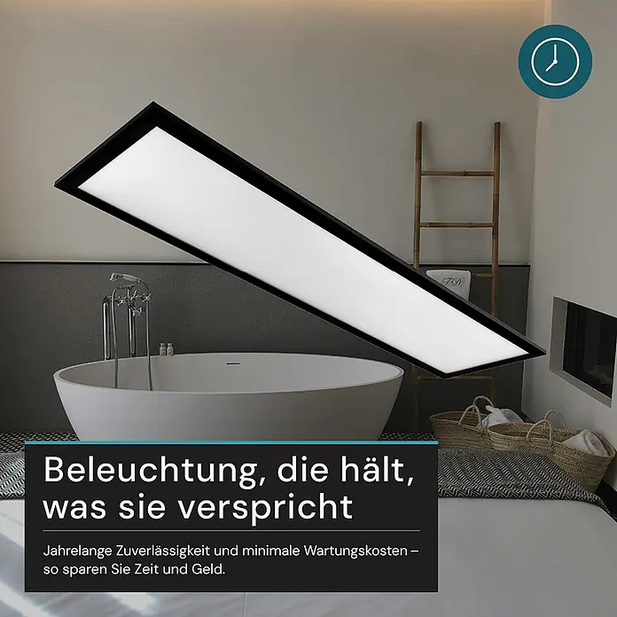 Luxula LED-Deckenleuchte - 40 W, Schwarz, Mehrfarbig - Große, rechteckige LED-Panel-Leuchte mit schwarzem Rahmen, diagonal über einer freistehenden Badewanne in einem modernen Bad.