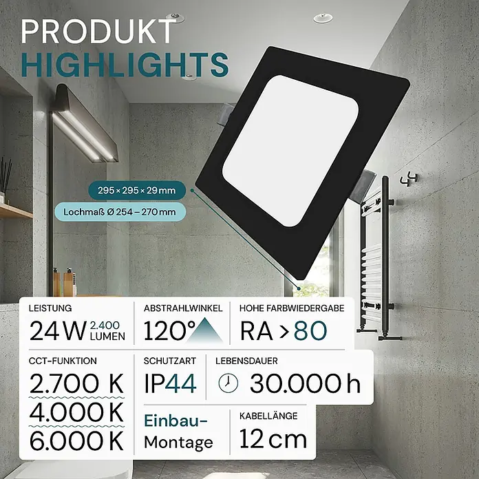 Luxula LED-Einbauleuchte 24W IP44-Geschützt 2400lm Lichtfarbe Einstellbar -  - Schwarzes, quadratisches LED-Panel, 295x295mm, in einem modernen Badezimmer, ideal für Feuchträume.