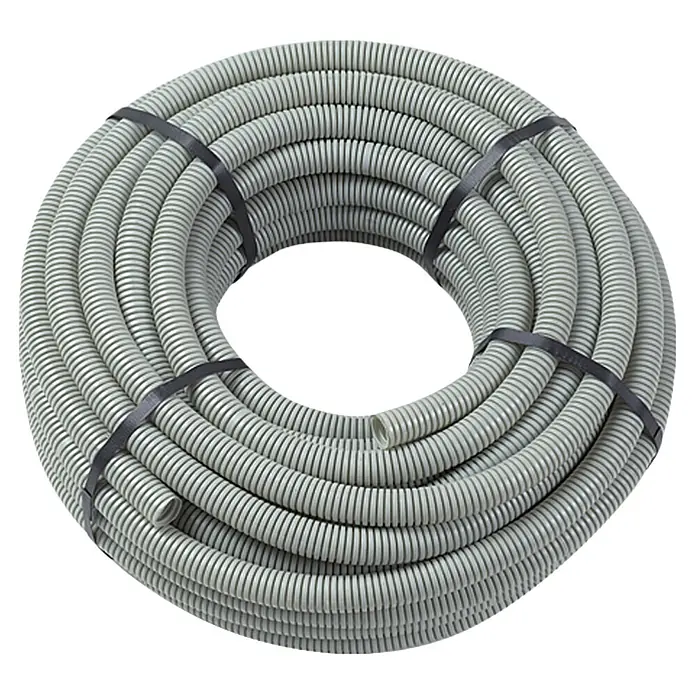 Flexrohr EN20 - Beton, 25 m, Kunststoff, 320 N, Grau, 20 mm - Flexibler, grauer Elektroinstallationsrohr gewickelt und mit schwarzen Bändern fixiert, ideal für Kabelschutz.