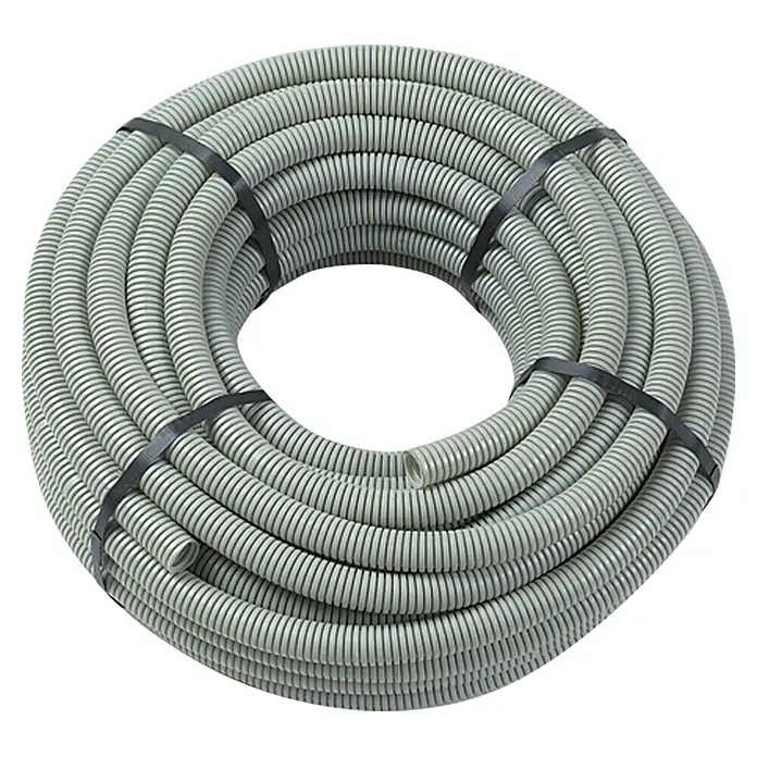 Flexrohr EN20 - Beton, 25 m, Kunststoff, 320 N, Grau, 20 mm - Flexibler, grauer Elektroinstallationsrohr gewickelt und mit schwarzen Bändern fixiert, ideal für Kabelschutz.
