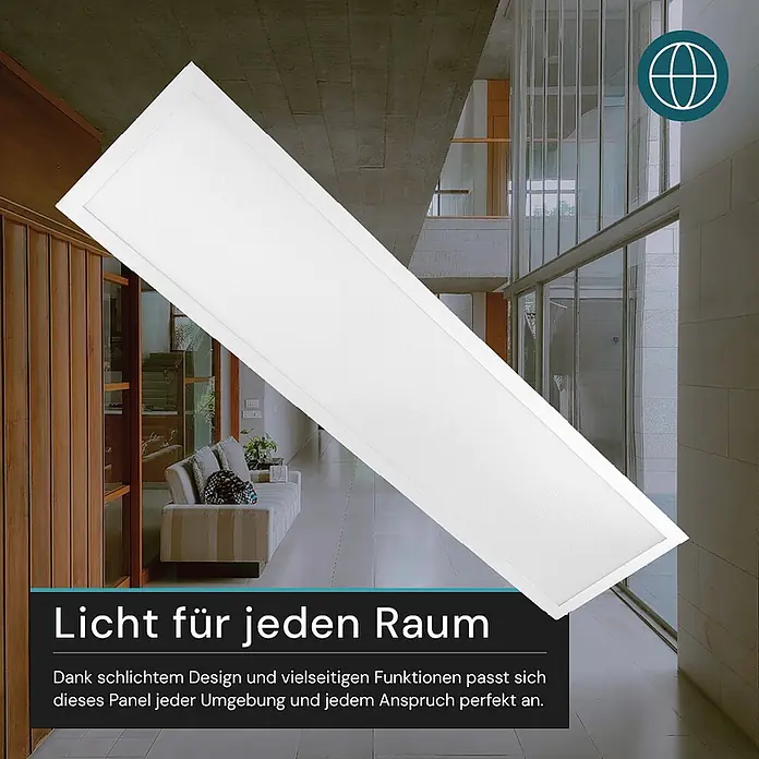 Luxula LED-Deckenleuchte - 40 W, Weiß, Mehrfarbig - Langes, weißes rechteckiges LED-Panel, schräg über einem modernen, geräumigen Interieur.