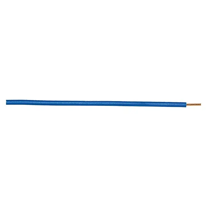 Aderleitung H07V-U 1x1,5 mm² - Anzahl Adern: 1, 20 m, Blau - Nahaufnahme eines blauen Elektrokabels mit freiliegendem Kupferdraht. Ideal für Elektroinstallationen und DIY-Projekte.