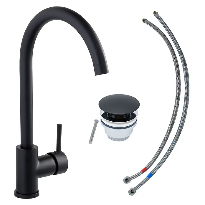 SCHÖNER WOHNEN-Kollektion Waschtischarmatur Cantis Wassersparend Mattschwarz - Mattschwarz, Seidenmatt - Mattschwarzes Küchen-/Badezimmerarmatur-Set mit gebogenem Auslauf, Pop-up-Ablauf und geflochtenen Wasserleitungen.