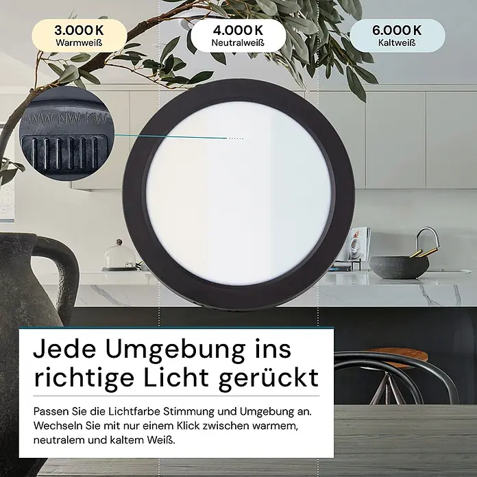 Luxula LED-Wand- & Deckenleuchte Aufbauleuchte 6W IP44-Geschützt 600lm -  - Runde LED-Deckenleuchte mit schwarzem Rahmen, zeigt einstellbare Farbtemperaturen (warm, neutral, kaltweiß) in einer Küche.