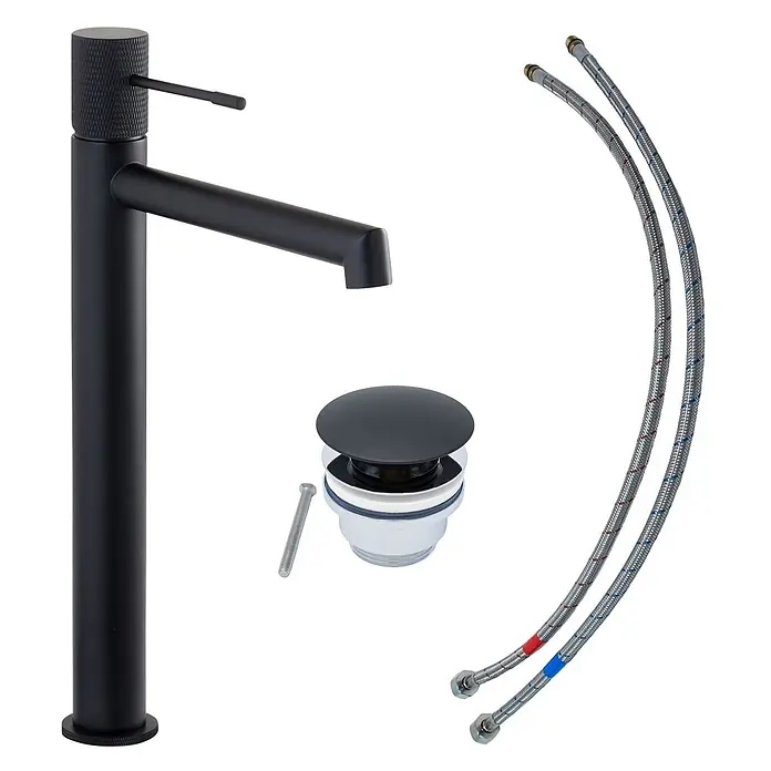 SCHÖNER WOHNEN-Kollektion Waschtischarmatur Kadia Auslaufhöhe 24,2 cm Mattschwarz - Mattschwarz, Seidenmatt - Mattschwarzer hoher Waschtischmischer, schwarzer Pop-up-Ablauf und zwei geflochtene flexible Wasserschläuche mit roten und blauen Markierungen.
