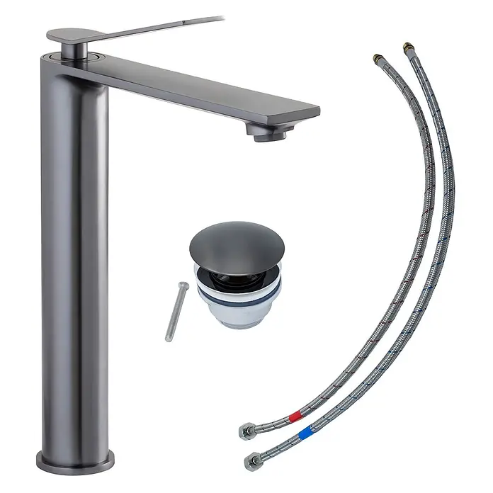 SCHÖNER WOHNEN-Kollektion Waschtischarmatur Viola Auslaufhöhe 24 cm Industrial - Industrial, Seidenmatt - Matte dunkelgraue rechteckige Badarmatur mit passendem Pop-up-Ablaufventil und geflochtenen Wasserzulaufschläuchen.