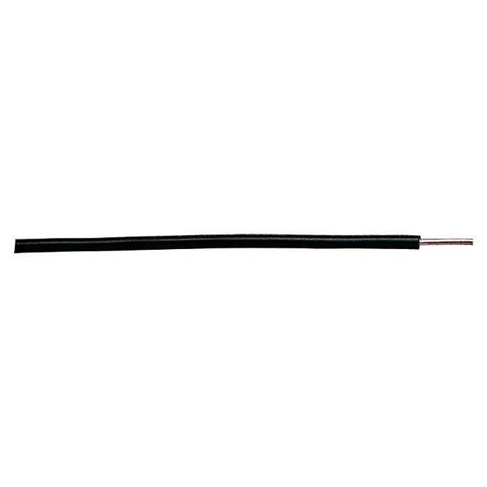 Aderleitung H07V-U 1x2,5 mm² - Anzahl Adern: 1, 100 m, Schwarz - Nahaufnahme eines schwarzen Elektrokabels mit freiliegendem Kupferdraht, ideal für elektrische Verbindungen.