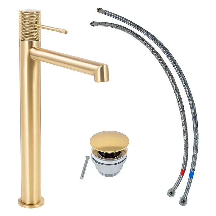 SCHÖNER WOHNEN-Kollektion Waschtischarmatur Kadia Auslaufhöhe 24,2 cm Mattgold - Mattgold, Seidenmatt - Gebürstete goldene Badarmatur mit gerändeltem Griff, Pop-up-Ablauf und zwei flexiblen Wasserzuleitungen.