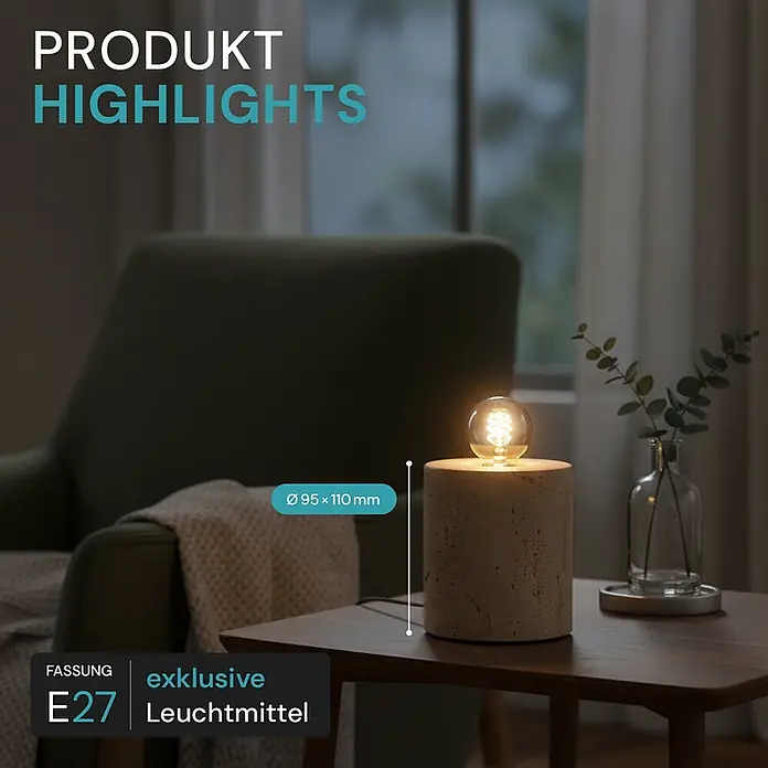 Luxula Deko-Tischleuchte E27 Fassung Modern Design Nachttischleuchte -  - Kleine Tischlampe mit zylindrischem Betonsockel und freiliegender E27 Edison-Glühbirne, spendet warmes Licht.