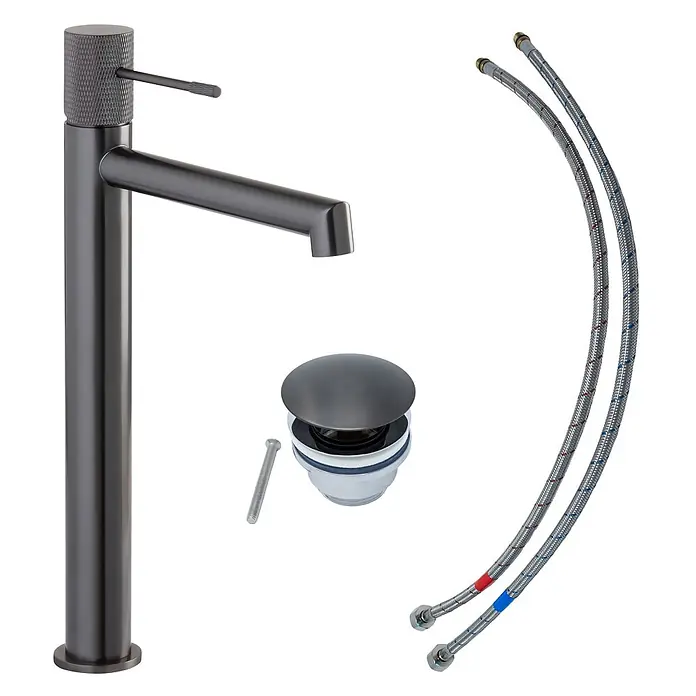 SCHÖNER WOHNEN-Kollektion Waschtischarmatur Kadia Auslaufhöhe 24,2 cm Industrial - Industrial, Seidenmatt - Dunkelgraue hohe Waschtischarmatur mit gerändeltem Griff, passendem Ablaufventil, Schraube und zwei flexiblen Anschlussschläuchen.