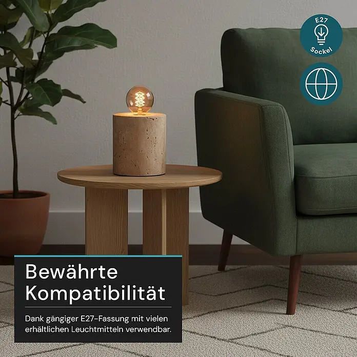 Luxula Deko-Tischleuchte E27 Fassung Modern Design Nachttischleuchte -  - Zylindrische Tischleuchte mit steinfarbenem Sockel und sichtbarer E27-Glühbirne auf einem Beistelltisch in einem Wohnzimmer.
