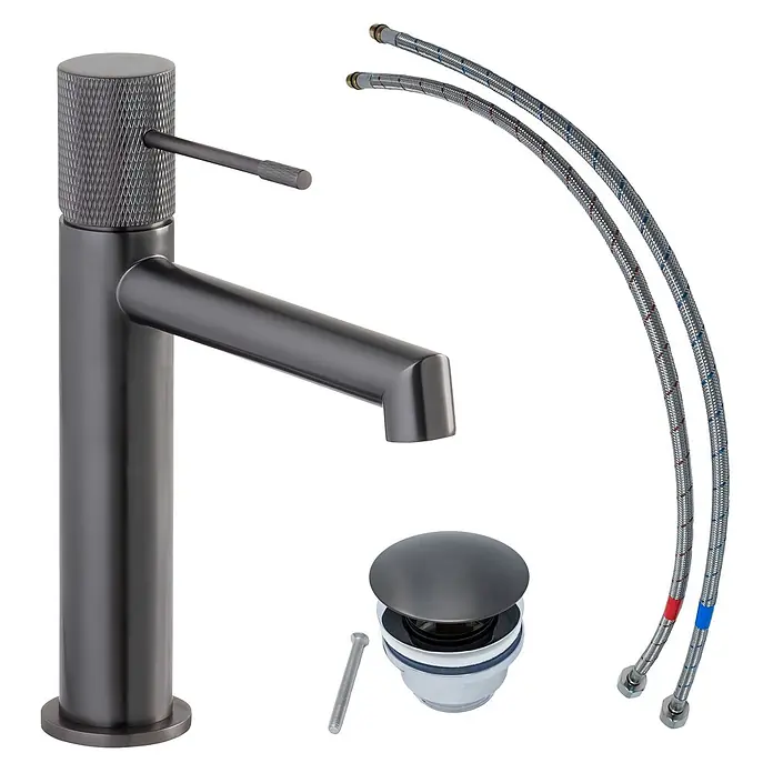 SCHÖNER WOHNEN-Kollektion Waschtischarmatur Kadia Auslaufhöhe 12,1 cm Industrial - Industrial, Seidenmatt - Dunkelgraue Einhebelarmatur mit gerändeltem Griff, flexiblen Schläuchen und passendem Push-Open-Ablauf.