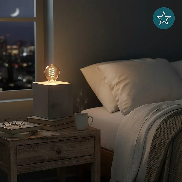 Luxula Deko-Tischleuchte Modern Minimalistisch E27 Fassung Metall Design -  - Graue Betonwürfel-Lampe mit Spiralfadenbirne, beleuchtet eine gemütliche Nachttischszene bei Nacht.