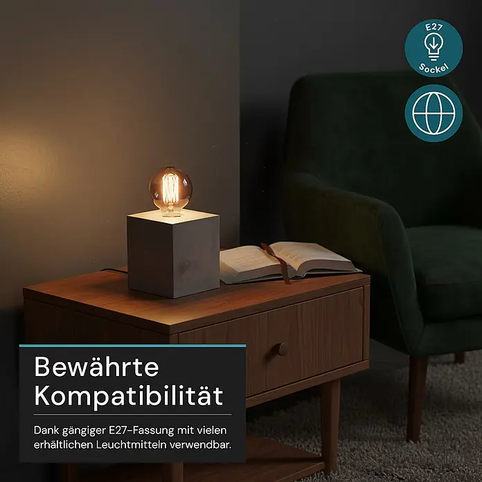 Luxula Deko-Tischleuchte Modern Minimalistisch E27 Fassung Metall Design -  - Eine Tischleuchte mit Betonfuß und freiliegender Edison-Glühbirne auf einem hölzernen Nachttisch.