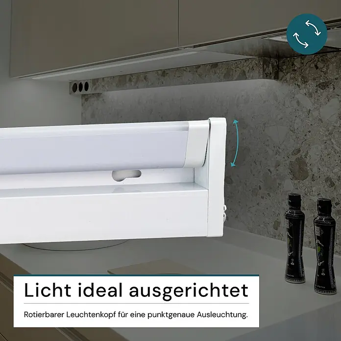 Luxula LED-Unterbauleuchte - Lichtfarbe: Mehrfarbig, 12 W - Weiße LED-Unterbauleuchte mit drehbarem Kopf, beleuchtet eine Küchenarbeitsplatte. Das Licht kann präzise ausgerichtet werden.