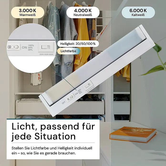 Luxula LED-Unterbauleuchte - Lichtfarbe: Mehrfarbig, 4 W - Weiße LED-Lichtleiste im Kleiderschrank mit einstellbarer Helligkeit und Farbtemperatur (warm- bis kaltweiß).