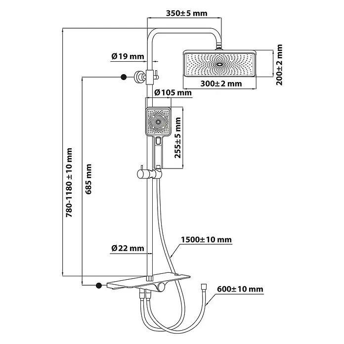 SCHÖNER WOHNEN-Kollektion Duschsystem Verina Wassersparend Industrial - Anzahl Strahlarten: 3 Stk., Industrial - Maßzeichnung eines kompletten Duschsystems mit rechteckiger Kopfbrause, Handbrause und Hauptsäule mit Ablage.