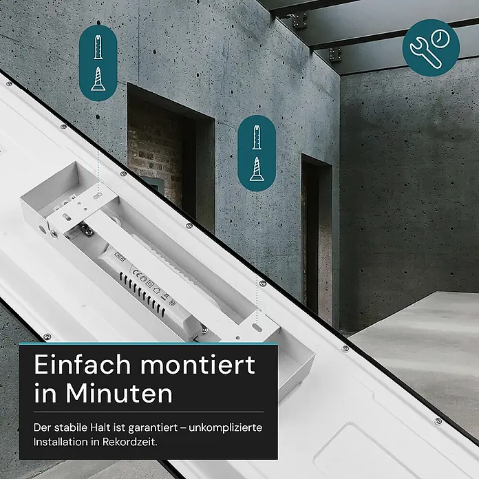Luxula LED-Deckenleuchte - 40 W, Schwarz, Mehrfarbig - Rückseite einer weißen linearen LED-Leuchte, die interne Elektronik und Befestigungspunkte für schnelle Montage an Betonwand zeigt.
