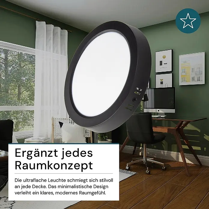 Luxula LED-Wand- & Deckenleuchte Aufbauleuchte 6W IP44-Geschützt 600lm -  - Eine runde, schwarze, ultraflache Deckenleuchte, stilvoll in ein modernes Zimmer mit Schreibtisch integriert.