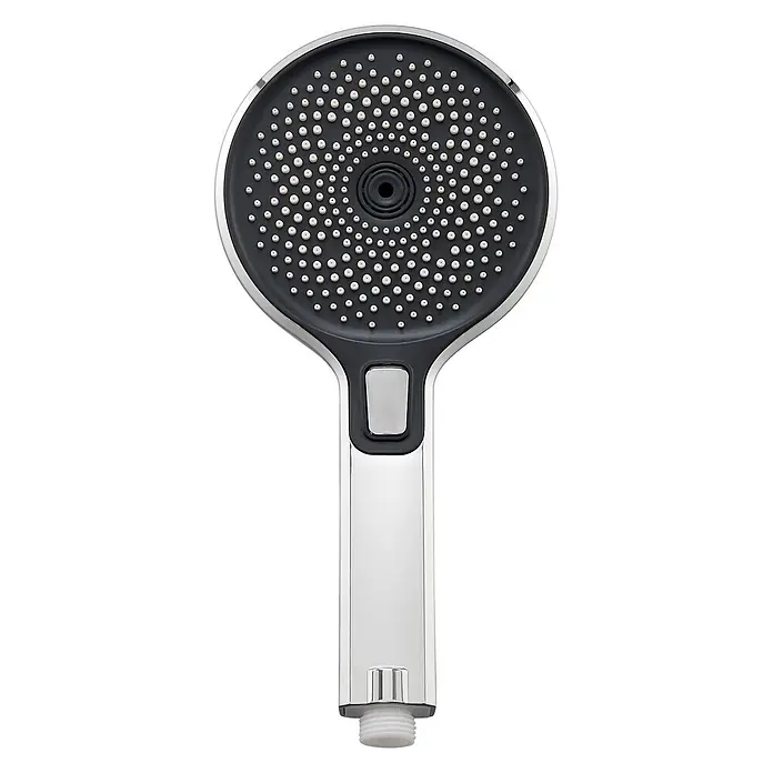 Schöner Wohnen Handbrause Biella Wassersparend Chrom -  - Verchromte Handbrause mit dunkelgrauer Oberfläche und weißen Düsen, mit einem Knopf am Griff.