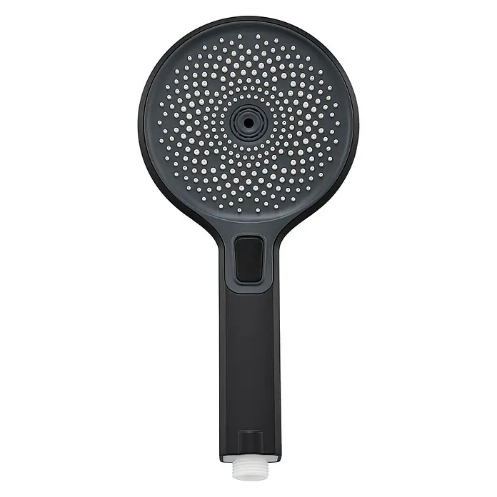 SCHÖNER WOHNEN-Kollektion Brausegarnitur Handbrause Biella Wassersparend Mattschwarz - Art Strahl: Regenstrahl, Regen-Mix-Strahl, Massagestrahl, Mattschwarz - Schwarze und dunkelgraue Handbrause mit weißen Düsen, rechteckigem Griff, Bedientaste und Gewindeanschluss.