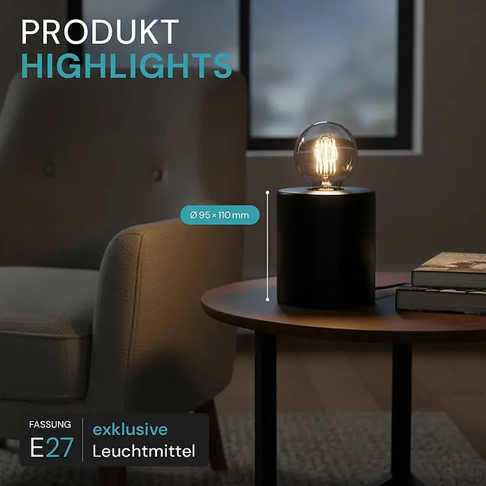 Luxula Deko-Tischleuchte E27 Fassung Modern Design Metall Nachttischleuchte -  - Schwarze zylindrische Tischleuchte mit sichtbarer Vintage-Glühbirne auf einem Beistelltisch, beleuchtet den Wohnbereich.