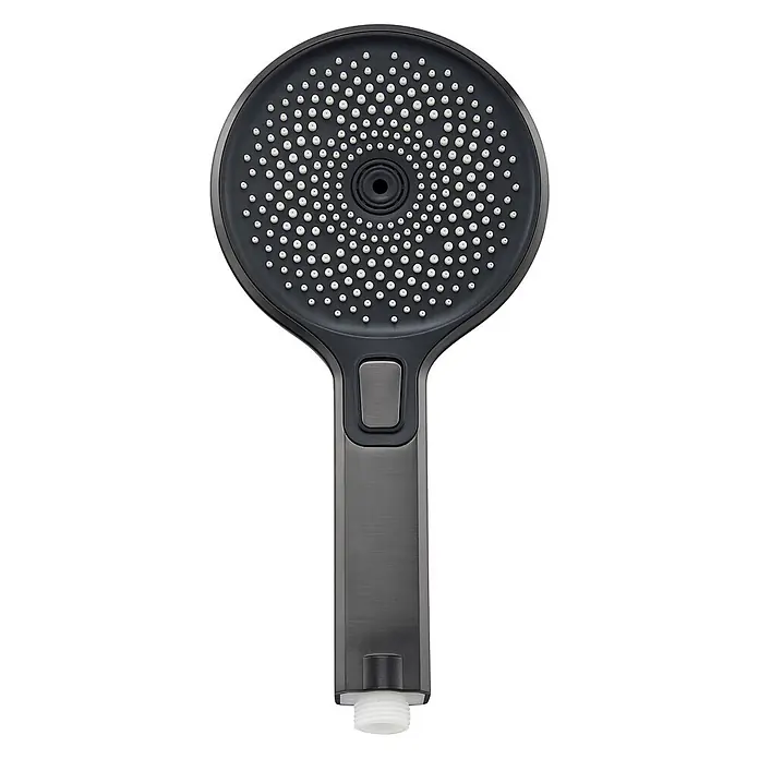 SCHÖNER WOHNEN-Kollektion Brausegarnitur Handbrause Biella Wassersparend Industrial - Art Strahl: Regenstrahl, Regen-Mix-Strahl, Massagestrahl, Grau - Dunkelgrauer Handbrausekopf mit gebürsteter Oberfläche, weißen Düsen und einem Moduswahlschalter am Griff.