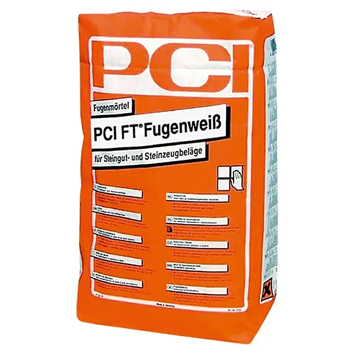 PCI FT FugenweißWeiß, 5 kg - Bild einer Packung PCI FT Fugenweiß Fugenmörtel für Steingut- und Steinzeugbeläge, ideal für Fugenarbeiten im Innen- und Außenbereich.