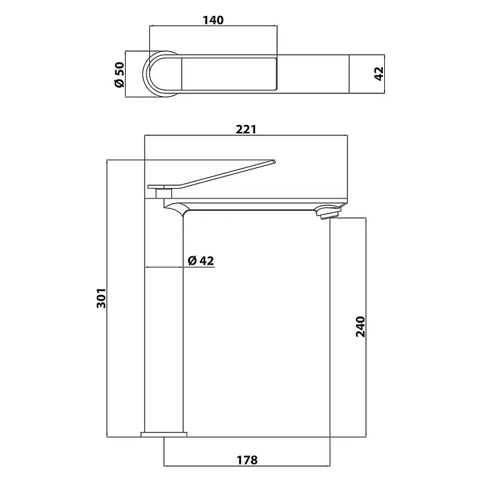 SCHÖNER WOHNEN-Kollektion Waschtischarmatur Viola Auslaufhöhe 24 cm Industrial - Industrial, Seidenmatt - Technische Zeichnung eines Einhebel-Waschtischmischers, Vorder- und Draufsicht mit Maßen.