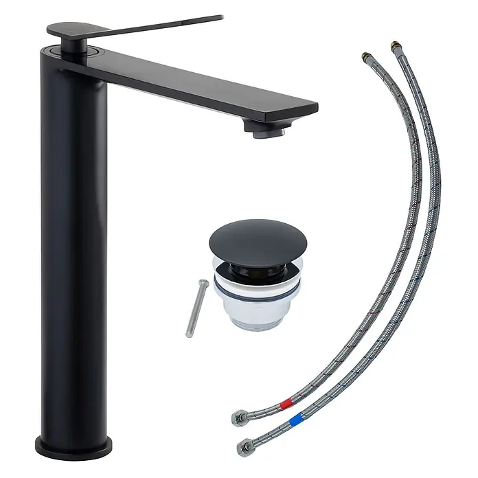 SCHÖNER WOHNEN-Kollektion Waschtischarmatur Viola Auslaufhöhe 24 cm Mattschwarz - Mattschwarz, Seidenmatt - Schwarze, hohe Waschtischarmatur mit passendem Ablaufventil und flexiblen Kalt-/Warmwasserschläuchen.