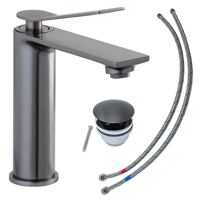 SCHÖNER WOHNEN-Kollektion Waschtischarmatur Viola Auslaufhöhe 13,5 cm Industrial - Industrial, Seidenmatt - Dunkelgraue Einhebel-Badarmatur mit passendem Ablaufventil und flexiblen Anschlussschläuchen.