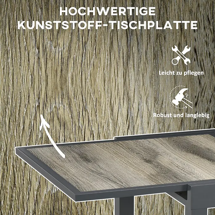 Outsunny Gartentisch Beige+Grau 80/160L x 80B x 75H cm -  - Hochwertige Kunststoff-Tischplatte in Holzoptik, robust, langlebig und pflegeleicht.