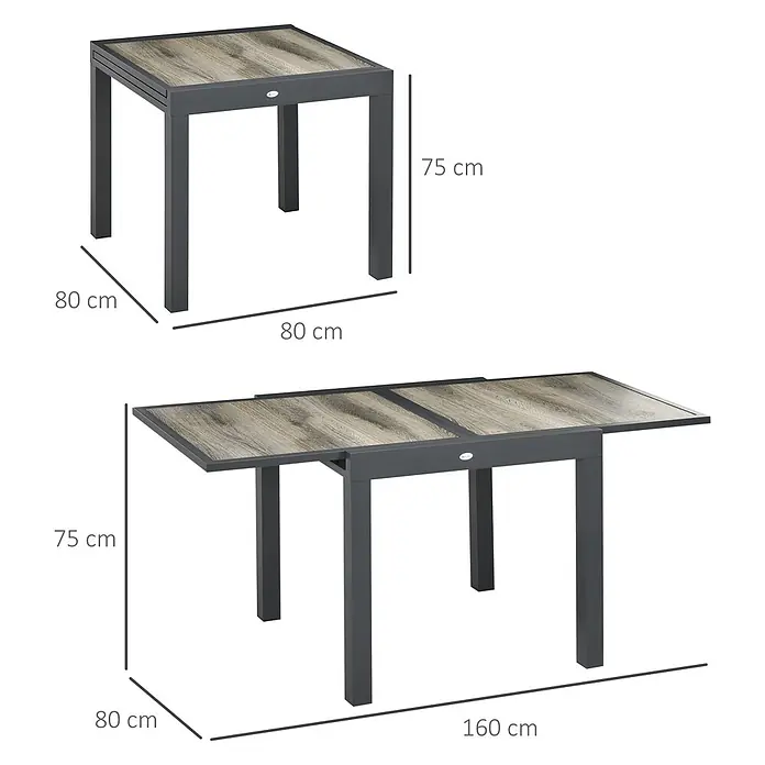 Outsunny Gartentisch Beige+Grau 80/160L x 80B x 75H cm -  - Grauer ausziehbarer Gartentisch mit Holzoptik-Tischplatte, kompakt (80x80 cm) und ausgezogen (160x80 cm) bei 75 cm Höhe.