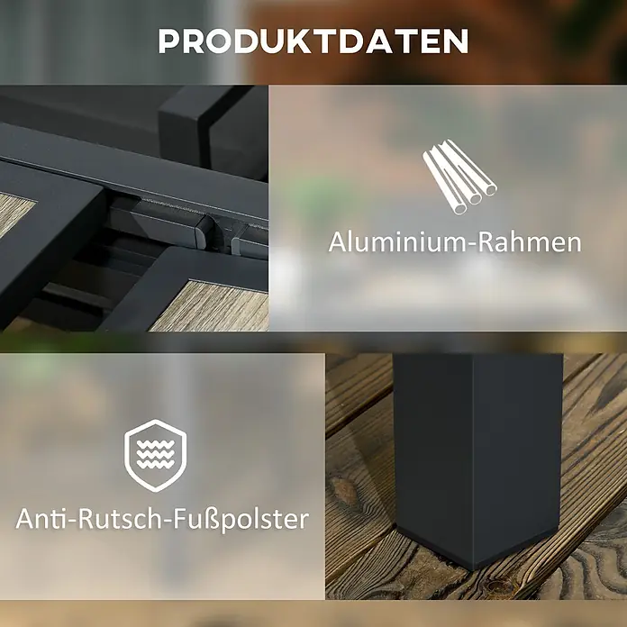 Outsunny Gartentisch Beige+Grau 80/160L x 80B x 75H cm -  - Produktdaten-Ansicht: Aluminiumrahmen mit Holzelementen, Ausziehmechanismus und rutschfesten Fußpolstern.